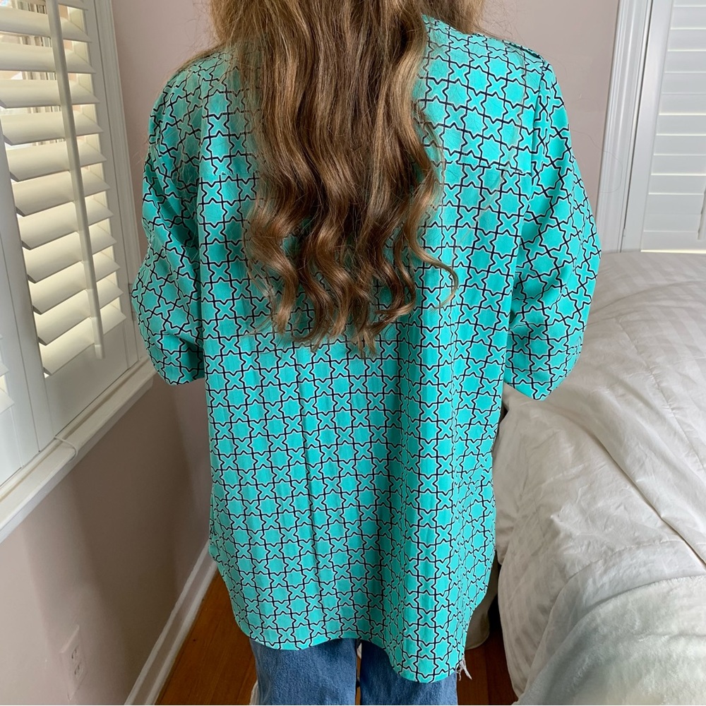4 LEFT S-L Chic Spring Stretchy Turquoise Long Sleeve Blouse Shirt Top - Picture 3 of 5